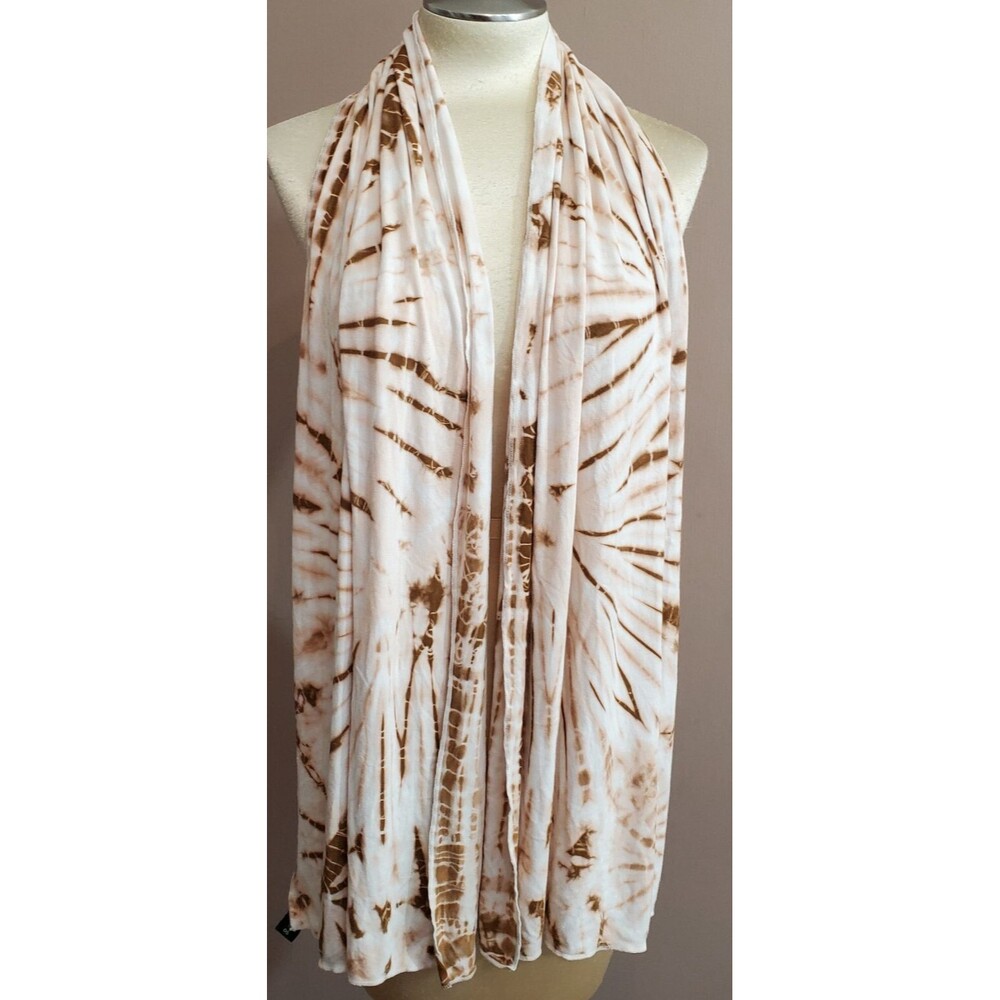 Sacred Threads Scarf Cream Brown Tie Dye 16x66" Drapey Knit Jersey Soft Boho